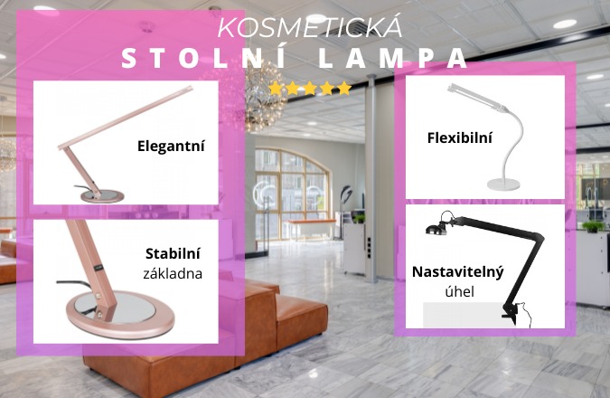 Kosmetická stolní lampa zobrazující elegantní design, stabilní základnu, flexibilní rameno a nastavitelný úhel pro profesionální použití v salonu.